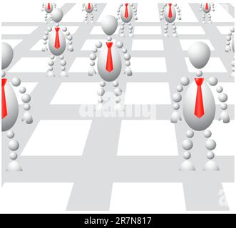 Group of mans in red ties on abstract network. Abstract 3d-human series from balls. Variant of white isolated on white background. A fully editable... Stock Vector
