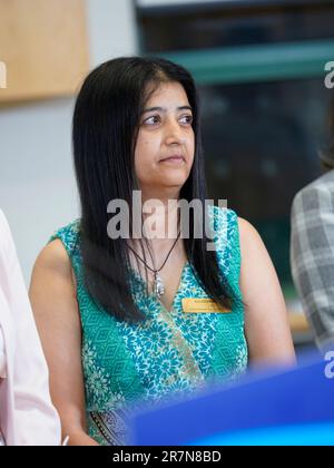 June 16, 2023, BC Minister of Education and Childcare, Rachna Singh and Bowinn Ma, MLA for North Vancouver-Lonsdale at Ridgeway Elementary School in North Vancouver, BC.   Kulvir Mann, North Vancouver Board of Education Trustee.  Photo: Wes Shaw/ ShotBug Press @wesleyallenshaw Stock Photo