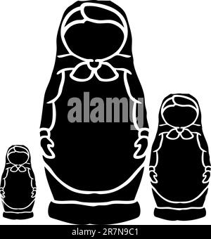Russian traditional set of wooden dolls black silhouette on white Stock Vector