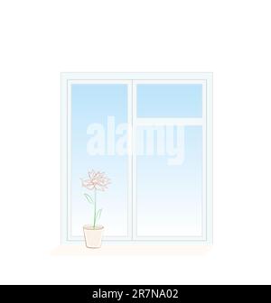 Illustration of flower in a pot on a window sill isolated on white background - vector Stock Vector