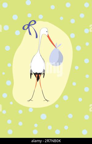 stork with newborn baby on green background Stock Vector