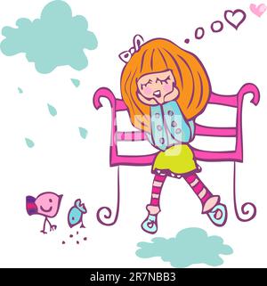 Sad girl and birds, love dreams, vector cartoon illustration Stock Vector