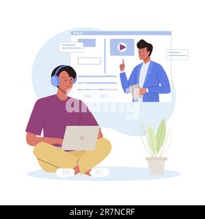 Man student in the headphones studying with laptop and listening teacher. E-learning by webinar training, video conference or lecture, online distance Stock Vector