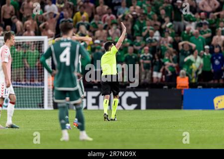 Copenhagen, Denmark. 16th June, 2023. Referee Daniel Stefanski seen during the UEFA Euro 2024 qualification match between Denmark and Northern Ireland at Parken in Copenhagen. (Photo Credit: Gonzales Photo/Alamy Live News Stock Photo