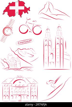 Set of vector drawn stylized sights and symbols of Switzerland Stock Vector