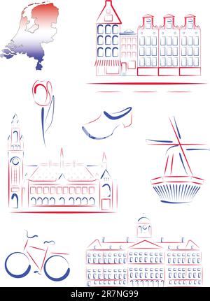Set of vector drawn stylized sights and symbols of Netherlands Stock Vector