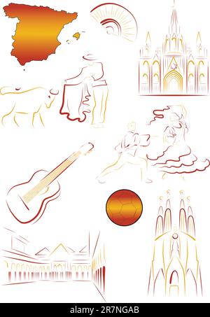 Set of vector drawn stylized sights and symbols of Spain Stock Vector