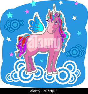 Magic Unicorn with wings on clouds..Hi res jpg and AI files are in zip. Stock Vector