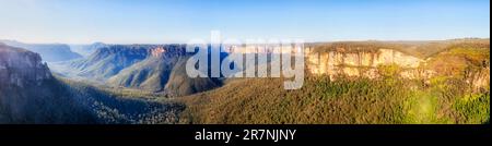 Scenic aerial panorama of GOvetts leap Blue Mountains canyon from Blackheath town lookout in Australia. Stock Photo