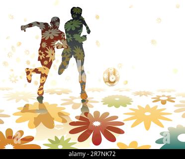 Editable vector illustration of two soccer players on a field of flowers Stock Vector