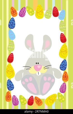 funny easter rabbit with eggs on striped background Stock Vector