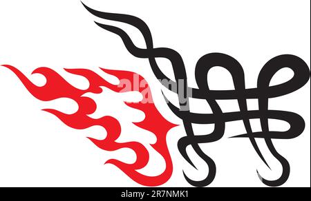 Tribal black shopping cart icon with red flame on white background. Stock Vector