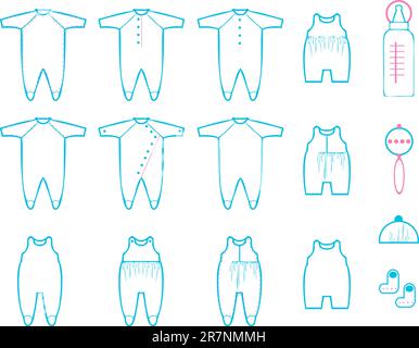 Baby clothes, bottle, toy, hat set Stock Vector