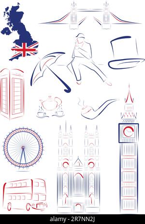 Set of vector drawn stylized sights and symbols of Great Britain Stock Vector