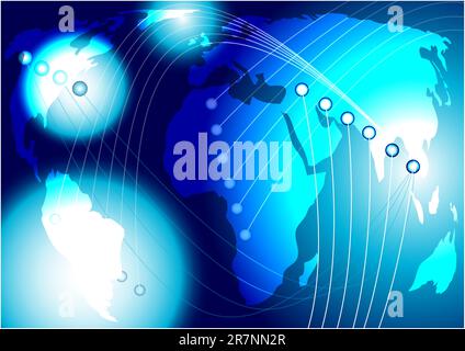 World Map and Glowing Fibers on Dark Blue Background Stock Vector