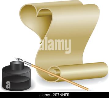 Roll of old paper and feather in the inkwell Stock Vector