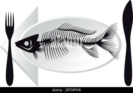 overfishing, fish bones on plate, vector illustration Stock Vector