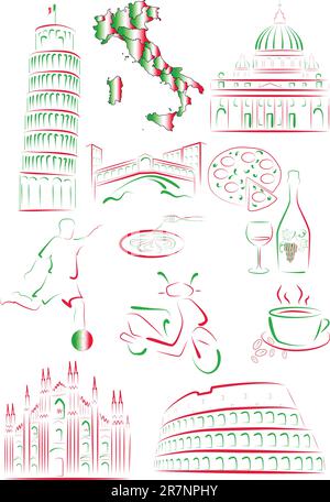 Set of vector drawn stylized sights and symbols of Italy. Stock Vector