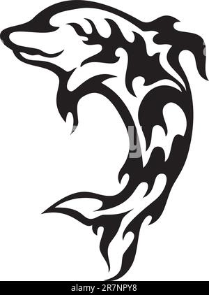 Tribal black and white jumping dolphin icon created with flame elements. Stock Vector