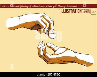 A vector of two hands, one giving coin of money and the other receiving it. Symbolizing the concept of generosity, charity, and helping others.  Av... Stock Vector