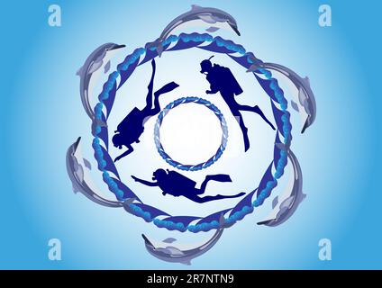 Abstract underwater landscape. Three scuba diving swim among dolphins Stock Vector