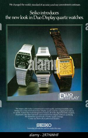 Seiko Duo Display Quartz watches advert in a magazine 1980 Stock