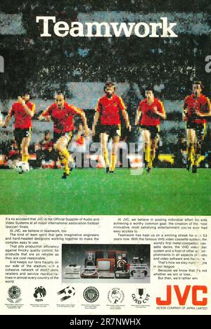 JVC electronics, JVC video and audio equipment for soccer, football coverage. JVC Teamwork campaign in a magazine 1980 Stock Photo