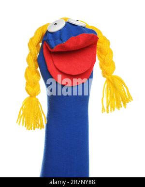 Funny sock puppet with braids isolated on white Stock Photo