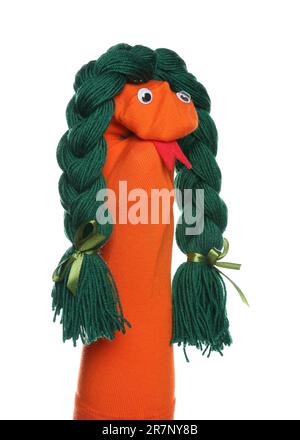 Funny sock puppet with braids isolated on white Stock Photo