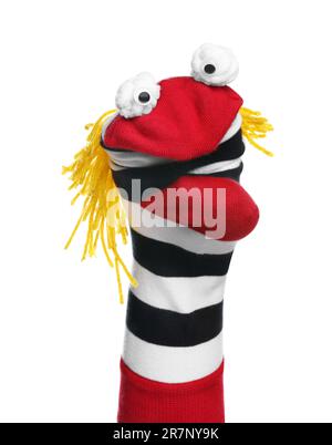 Funny sock puppet with hair isolated on white Stock Photo