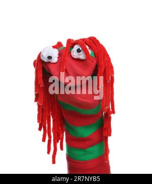 Funny sock puppet with hair isolated on white Stock Photo