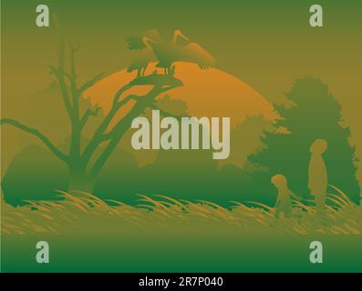 There are children looking on the storks Stock Vector