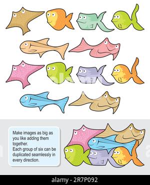 Six happy fish cartoons each one in two colored versions. Make seamless wallpapers as big as you like adding them together. Stock Vector