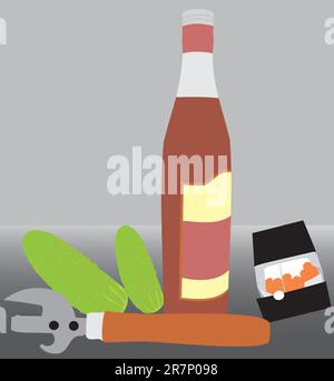 Still-life. Alcoholic drinks. Harm of alcohol. A pack of cigarettes Stock Vector