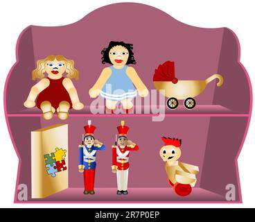Illustration of a purple shelf with different children toys. Stock Vector