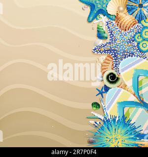 Flip-flops and shells on the beach. Vector illustration. Stock Vector