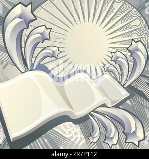 Design background with dimensional shapes, patterns, stars, sun and rays. Contemporary vs vintage style abstract vector illustration. Stock Vector