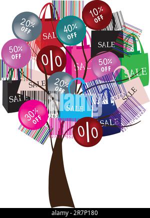 Vector illustration of a sale tree with bar codes and shopping bags Stock Vector