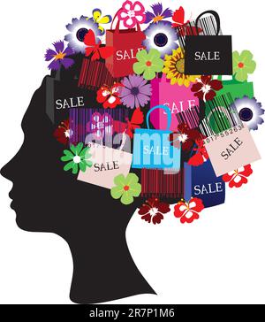 Vector illustration of a female head silhouette with shopping icons Stock Vector