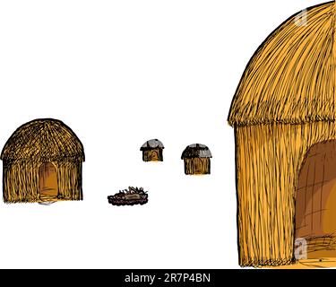 Illustration of four traditional straw huts and a fire pit Stock Vector