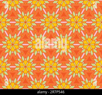 Seamless geometric pattern with stars and flowers in orange, green, pink, blue, yellow Stock Vector