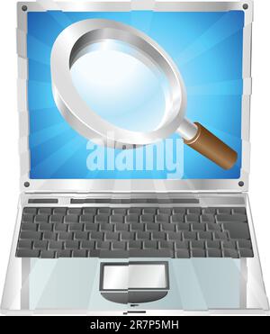 Magnifying glass search icon coming out of laptop screen concept Stock Vector