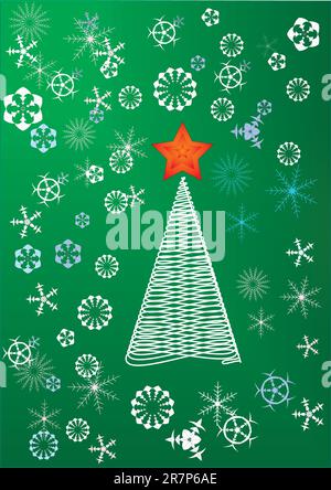 christmas tree with star and snowflakes on green background Stock Vector