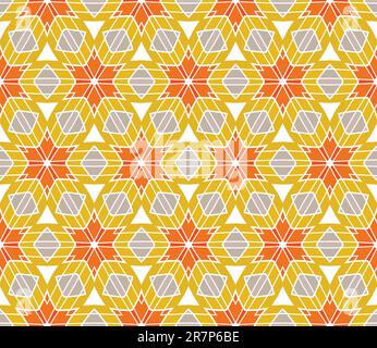 Seamless geometric pattern with stars and flowers in yellow, grey, orange Stock Vector