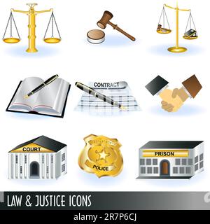 Set of 9 different law and justice icon illustrations. Stock Vector