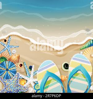 Flip-flops and shells on the beach. Vector illustration. Stock Vector