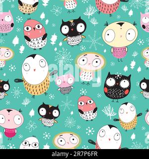 seamless pattern of the fun colored owls on a green background with trees and snowflakes Stock Vector