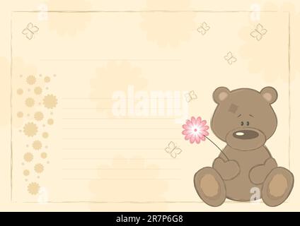 Postcard 'Teddy bear with flower'. Vector Illustration. Stock Vector