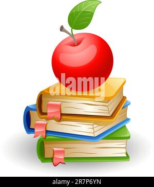 Red apple and school books isolated on white background. Stock Vector