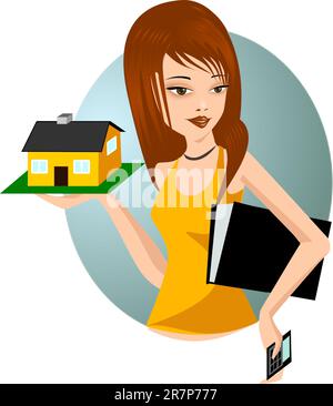 . Illustration of a woman with a model home Stock Vector